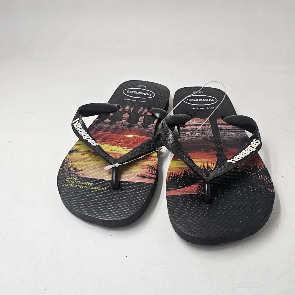 Havaianas Hype Sunset Graphic Flip Flops Black Rubber Sandals Sz 8